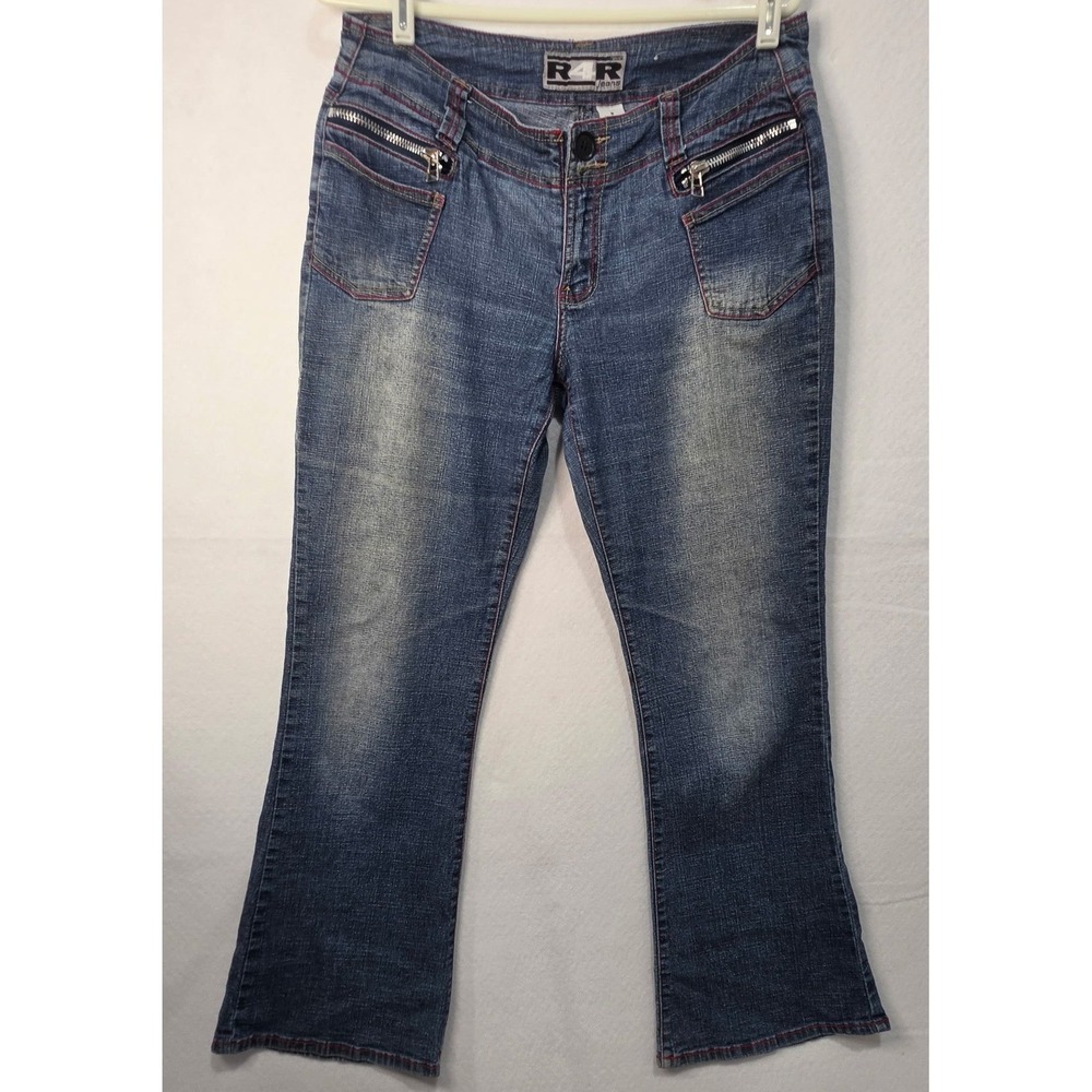 R4R Rave Jeans Y2K Blue Flare Denim Red Contrast Stitch Zip Pockets Size 9